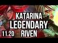 KATARINA vs RIVEN (MID) | Legendary, Quadra, 23/2/2, 7 solo kills, 600+ games | EUW Master | v11.20