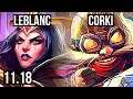 LEBLANC vs CORKI (MID) | Rank 3 LeBlanc, 14/2/9, Godlike | NA Challenger | v11.18