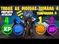LOCALIZAÇÃO DE TODAS AS MOEDAS DE XP SEMANA 4!!! - FORTNITE TEMPORADA 5