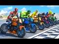Spiderman, Goku, Hulk Racing Motorcycles Jump From The Sky Challenge with SUPERHEROES #345