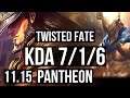 TWISTED FATE vs PANTHEON (MID) | 7/1/6, 800+ games, 1.4M mastery | EUW Master | v11.15