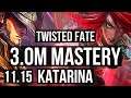 TWISTED FATE vs KATARINA (MID) | 3.0M mastery, 1000+ games, 6/2/12, Dominating | EUW Master | v11.15