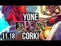 YONE vs CORKI (MID) | Rank 5 Yone, 8 solo kills, 22/4/8, Legendary | NA Challenger | v11.18