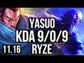 YASUO vs RYZE (MID) | 9/0/9, Legendary, 1.0M mastery, 300+ games | KR Diamond | v11.16