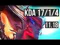 TWISTED FATE vs YONE (MID) | 17/1/4, Legendary, 2.4M mastery, 1000+ games | EUW Master | v11.18