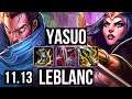 YASUO vs LEBLANC (MID) (DEFEAT) | 4.4M mastery, 11/2/7, Legendary | NA Grandmaster | v11.13