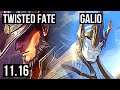 TWISTED FATE vs GALIO (MID) | 12/1/15, 2.7M mastery, 1100+ games, Legendary | BR Master | v11.16