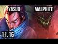 YASUO vs MALPHITE (TOP) | 4.5M mastery, 800+ games, 7/2/5, Dominating | NA Master | v11.16