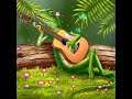 Green Gecko Lizard As A Girl Is Playing With A Guitar