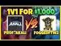 PROFESSOR AKALI VS FOGGEDFTW2! RANK 1 TRYND WORLD VS BEST AKALI (1v1 FOR $1000) - League of Legends
