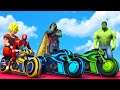 GOKU & Ironman, HULK with TRON BIKE Competition | Superheroes Challenge Over Mega Ramp #7