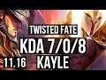 TWISTED FATE vs KAYLE (MID) | 7/0/8, 500+ games, Godlike | NA Diamond | v11.16