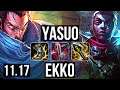 YASUO vs EKKO (MID) | 15/0/4, 9 solo kills, Legendary, 400+ games | BR Master | v11.17