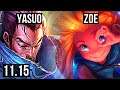 YASUO vs ZOE (MID) | 7/0/3, 1500+ games, 1.0M mastery, Godlike | NA Diamond | v11.15