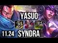 YASUO vs SYNDRA (MID) | Rank 5 Yasuo, 1.1M mastery, Legendary, 8/2/5 | KR Challenger | 11.24