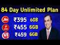 Jio, Airtel Vi सस्ते 84 दिनों वाले Unlimited Calling & 6GB Data Plan || Jio ₹395 Plan Details Hindi!