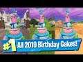 Dance in front of different Birthday Cakes ALL Locations 2019 - Fortnite 2nd Birthday Challenge