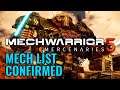 MW5 MECH LIST CONFIRMED! Mechwarrior 5 Mercenaries MW5 News TTB