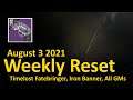 Weekly Reset: Timelost Fatebringer, Iron Banner, All GMs (August 3 2021 - Destiny 2)