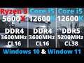 Ryzen 5 5600x vs Core i5 12600k DDR4 vs Core i5 12600k DDR5 Windows 10 & Windows 11 - 16 Games 1080p