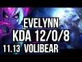 EVELYNN vs VOLIBEAR (JUNGLE) | 12/0/8, Legendary, 600+ games | EUW Master | v11.13