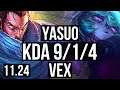YASUO vs VEX (MID) | 9/1/4, 1.8M mastery, Godlike | KR Diamond | 11.24